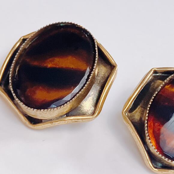 Vintage Signed Original by Robert Clip On Earrings, MCM Glass Hexagon Cabochon - Picture 2 of 10